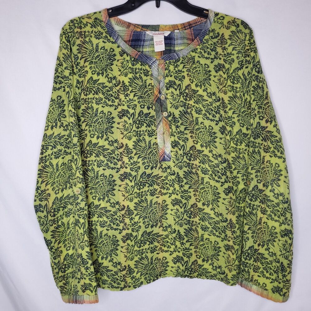 Sundance Top Large Floral Green Gauze Henley Long Sleeve